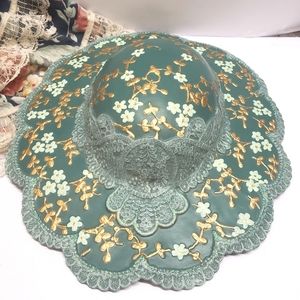 Ceramic Hand Painted Green & Gold Floral Ladies Hat Wall Hanging Artist Signed
